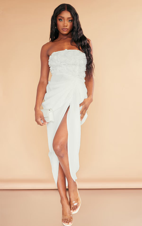 White Applique Rose Detail Draped Midaxi Dress