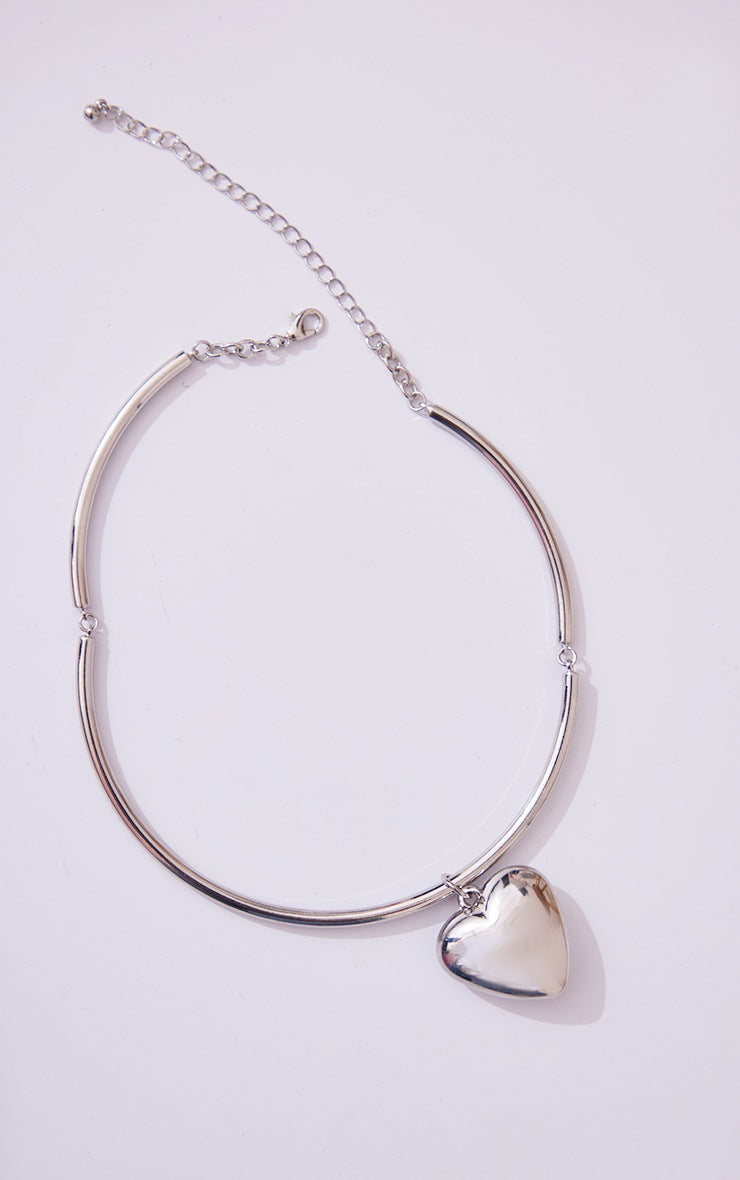 Silver Chrome Chunky Heart Necklace