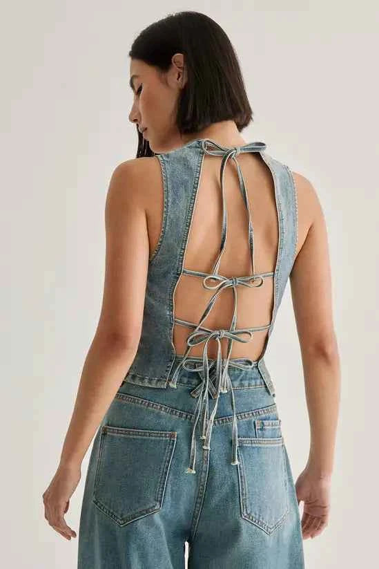 NastyGal Denim Lace Back Top