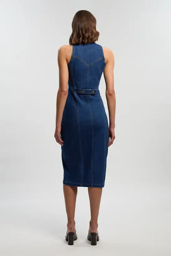 KARENMILLEN DENIM SLEEVELESS MIDI BUTTON DETAIL MIDI DRESS
