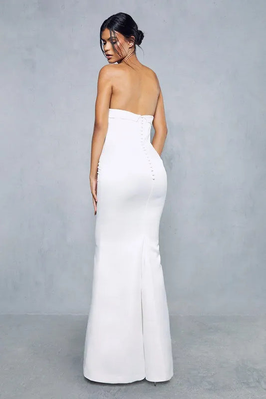 Premium Satin Strapless Corseted Button Detail Gown