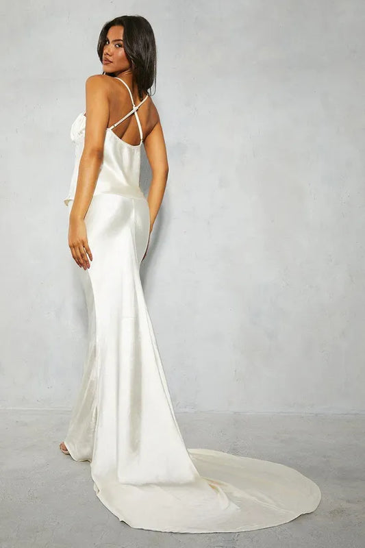 Premium Satin Pleated Bust Tie Detail Cami Top & High Waisted Waterfall Trail Maxi Skirt - SET