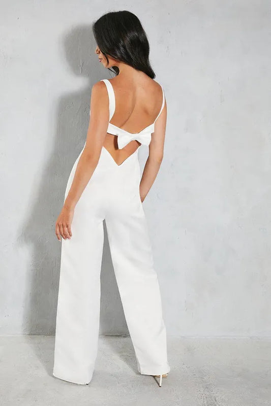 Premium Satin Sleeveless Bow Back Straight Leg Jumpsuit