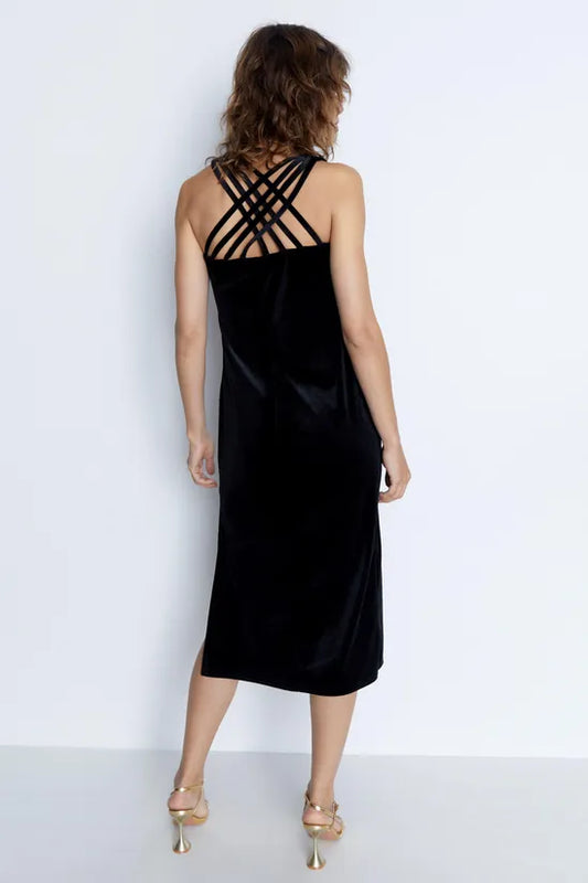 Velvet Strappy Cross Back Midi Dress