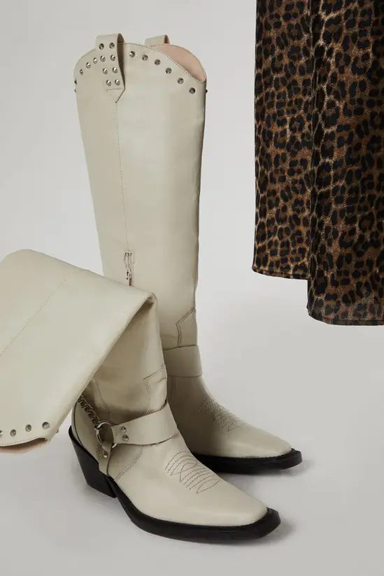 Warehouse Leather Stud Harness Knee High Cowboy Boot