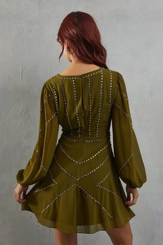 Premium Chiffon Embellished Sequin Plunge Neck Mini Dress