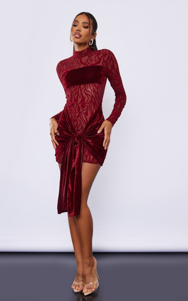 Burgundy Flocked Mesh Drape Tie Bodycon Dress