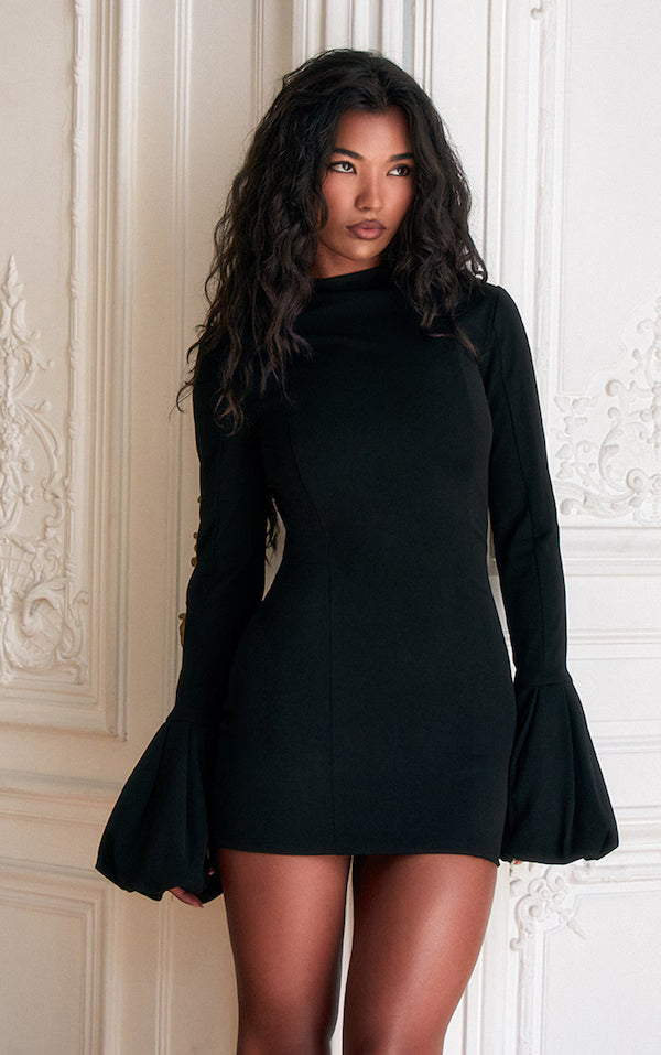 Label Black High Neck Puff Sleeve Bodycon Dress