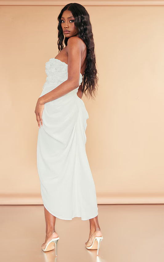 White Applique Rose Detail Draped Midaxi Dress