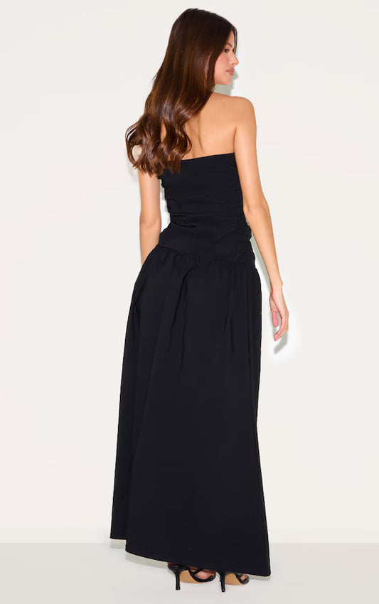 Black Stretch Woven Bandeau Ruched Maxi Dress