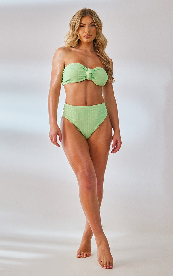 Pale Green Crinkle Rib High Waist Bikini top