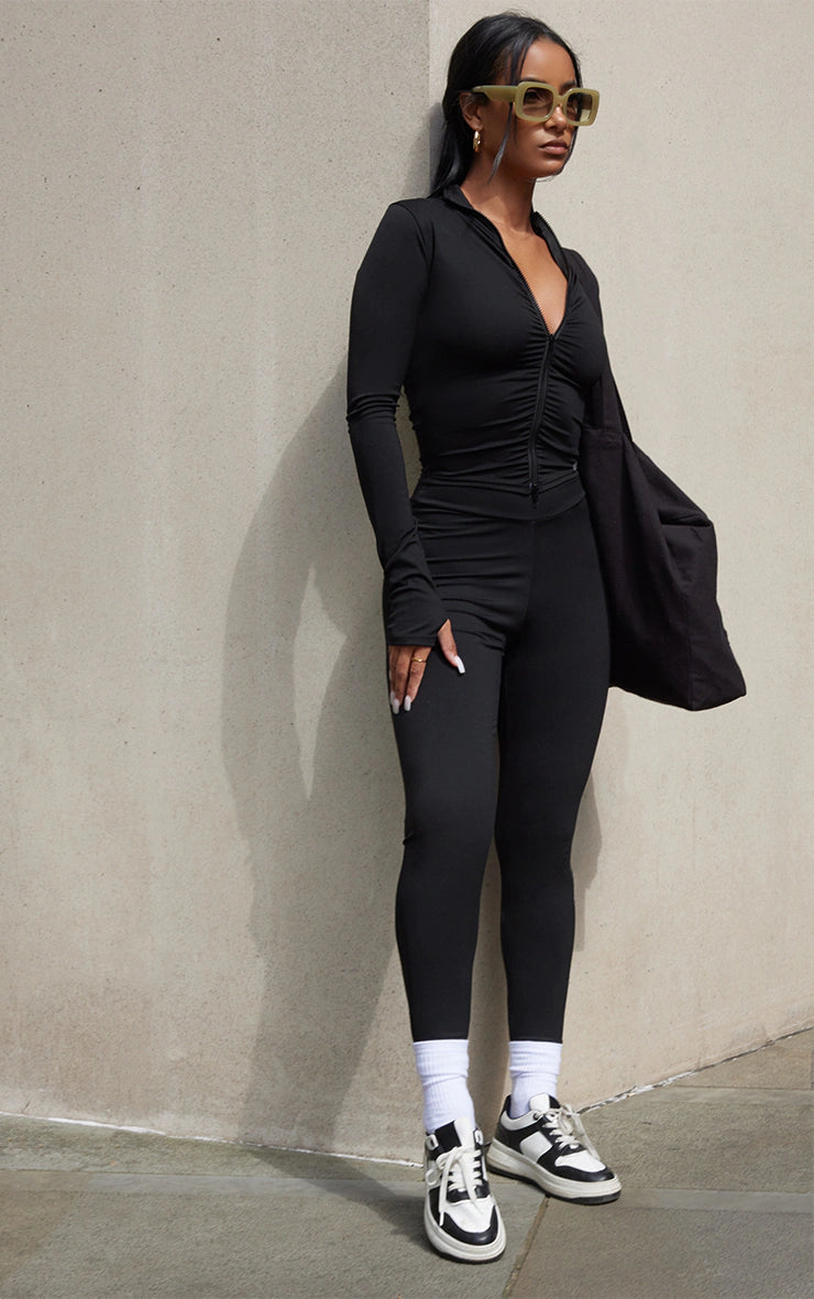 Black Brushed Sculpt Ruched Front Zip Up Sport Jacket
