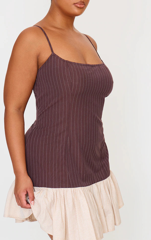 Plus Brown Contrast Pinstripe Frill Hem Shift Dress