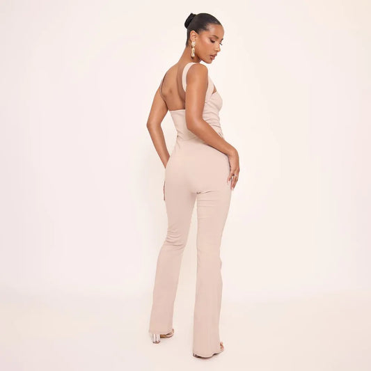 Square Neck Tailored Flared Jumpsuit In Stone Woven