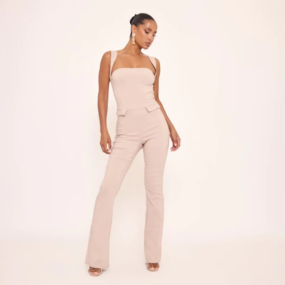 Square Neck Tailored Flared Jumpsuit In Stone Woven