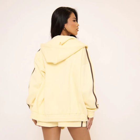 Oversized Contrast Stripe Side Essential Graphic Zip Up Hoodie In Yellow