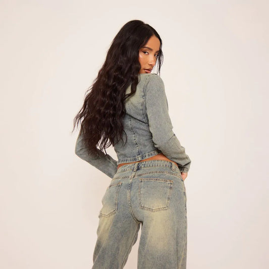 High Neck Frayed Hem Detail Fitted Jacket In Vintage Blue Denim