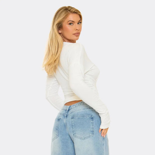 Ego - Flared Sleeve Cinched Waist Detail Top In White