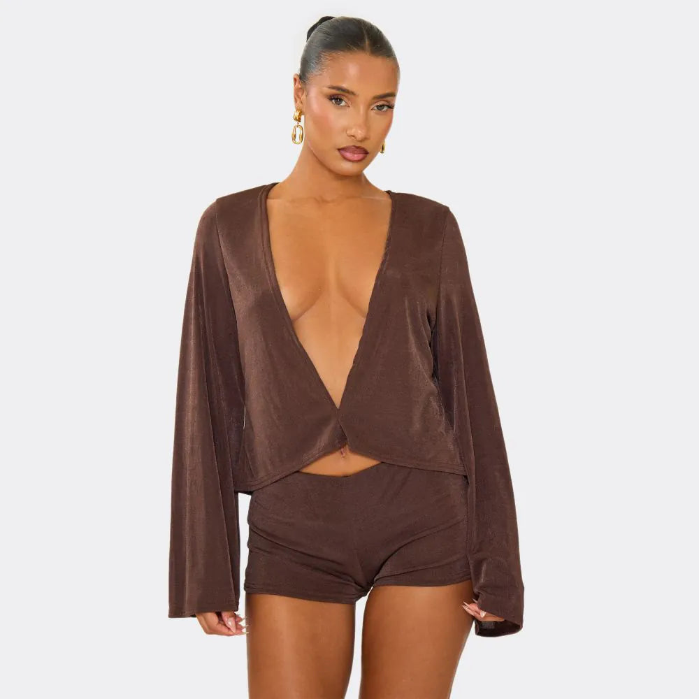 Flared Long Sleeve Plunge Neck Top In Chocolate Brown