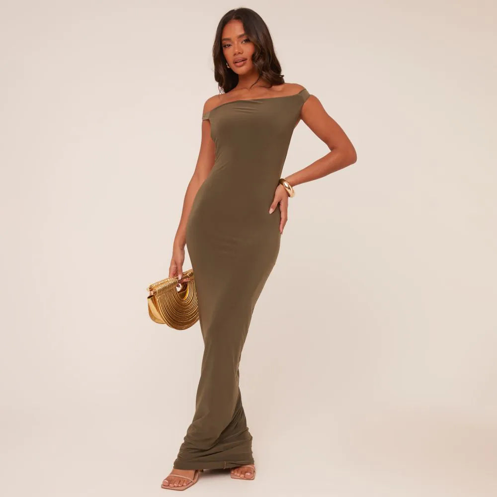 Bardot Ruched Bum Twisted Detail Maxi Dress In Khaki