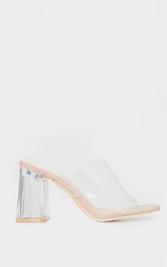Plt - Nude Wide Fit Clear Flared Block Heel Mules