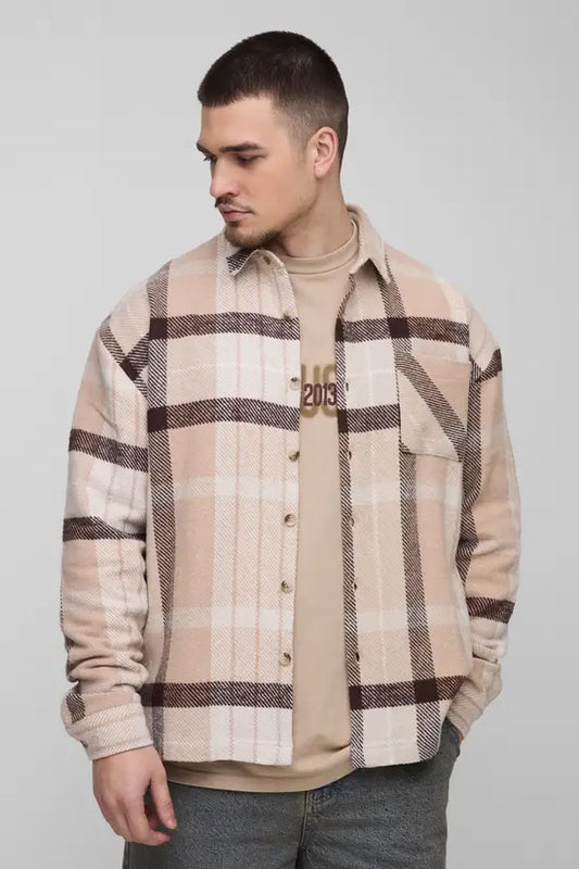 boohooMAN Tall Boxy Split Hem Brushed Check Overshirt