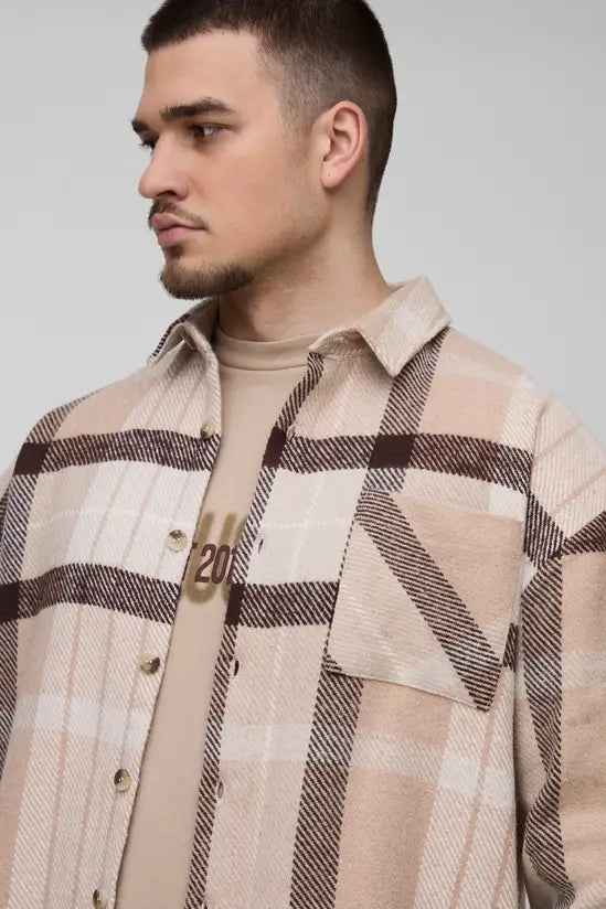 boohooMAN Tall Boxy Split Hem Brushed Check Overshirt