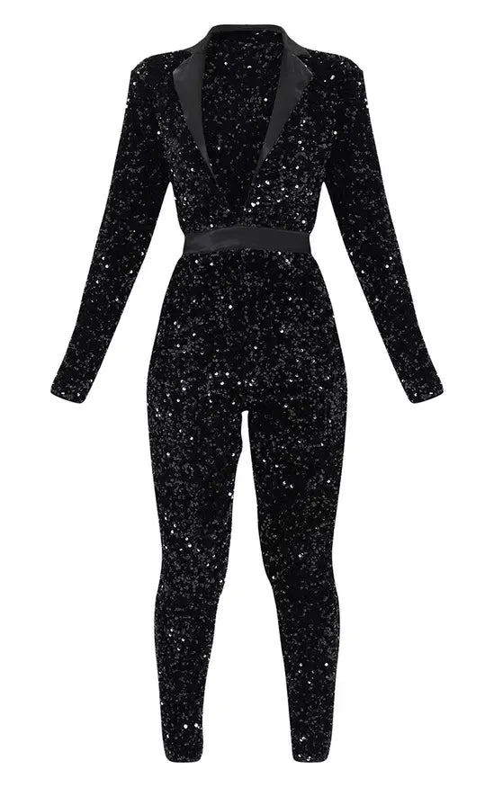 Plt - Velvet Sequin Plunge Front Tailored Jumpsuit