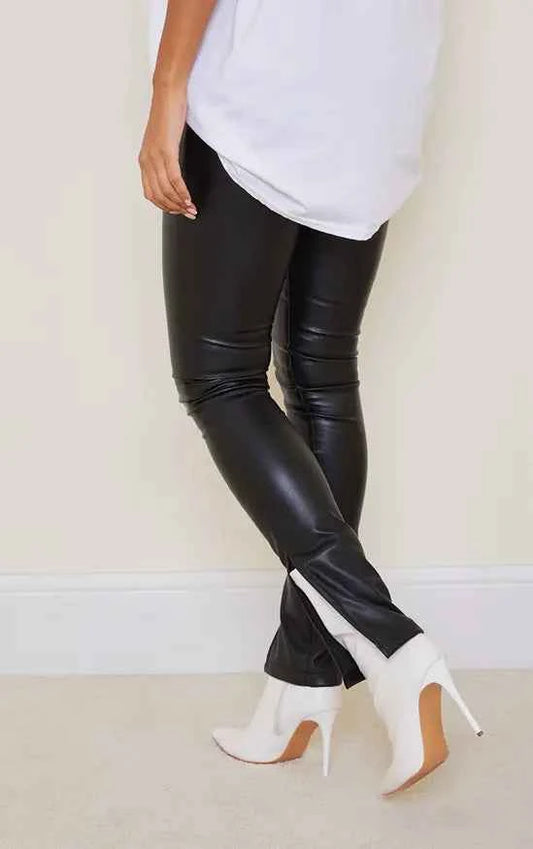 PrettyLittleThing Faux Leather Split Hem Straight Leg Trousers