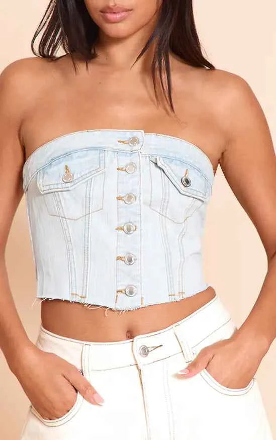 Plt - Pocket Detail Cropped Denim Corset Top