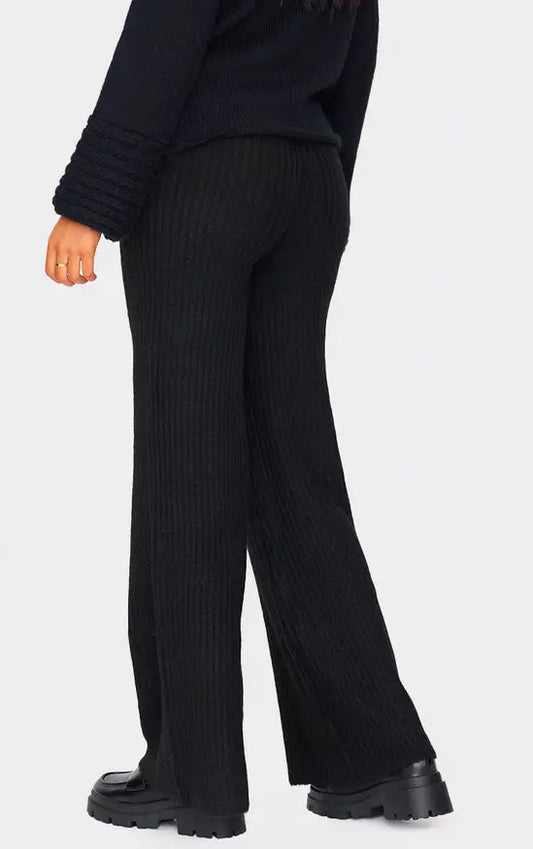 Plt - Tall Black Luxe Rib Knit Wide Leg Trousers