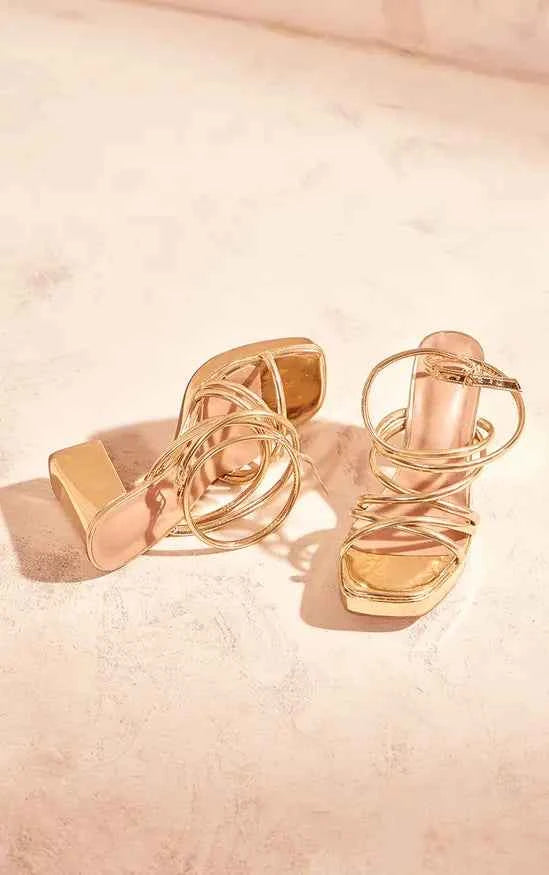 Plt - Gold PU Square Toe Tube Strap Platform Block Heeled Sandals
