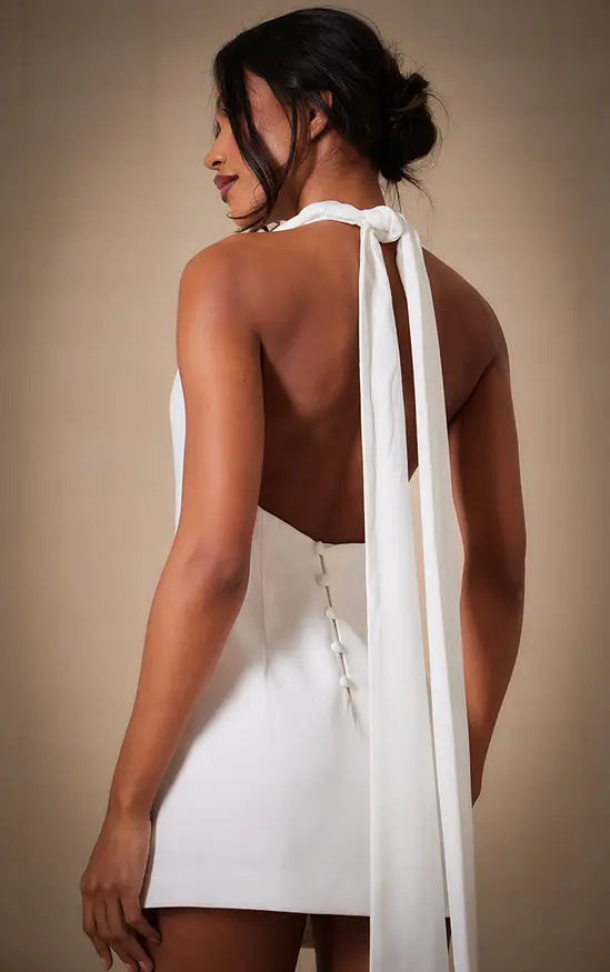 Plt - Premium White Woven Tie Halter Neck Dress