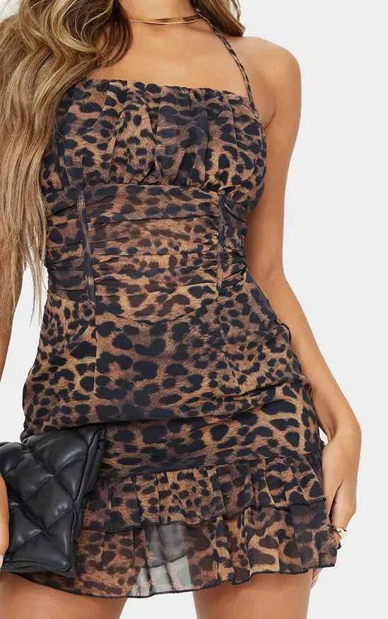Plt - Dark Brown Leopard Print Woven Halterneck Frill Hem Bodycon Dress