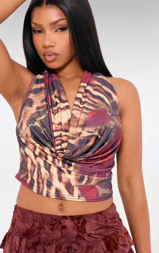 Plt - Brown Printed Cowl Neck Top