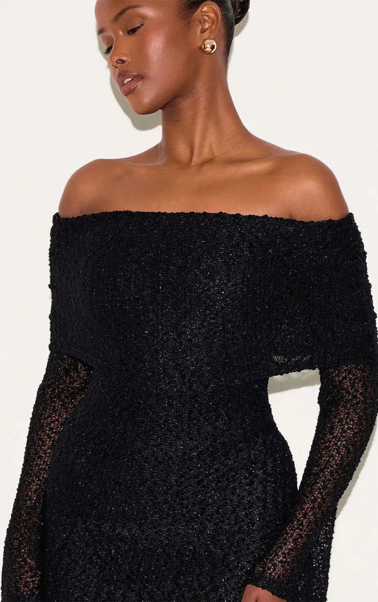 Plt - Black Textured Bardot Flare Long Sleeve Mini Dress