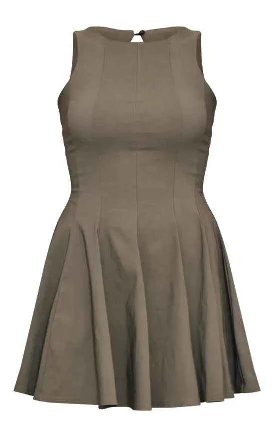 Plt - Khaki Stretch Woven Racer Pleated Shift Dress