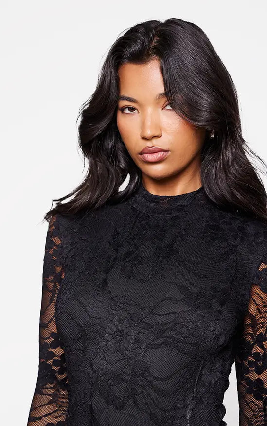 PLT - Black Lace Lined Long Sleeve Boat Neck Playsuit