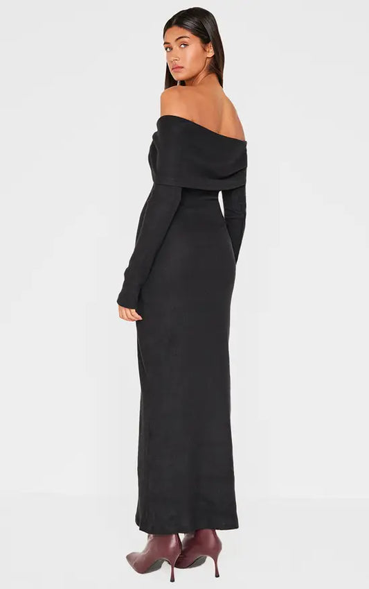 Plt - Black Heavy Brushed Rib Bardot Trim Maxi Dress
