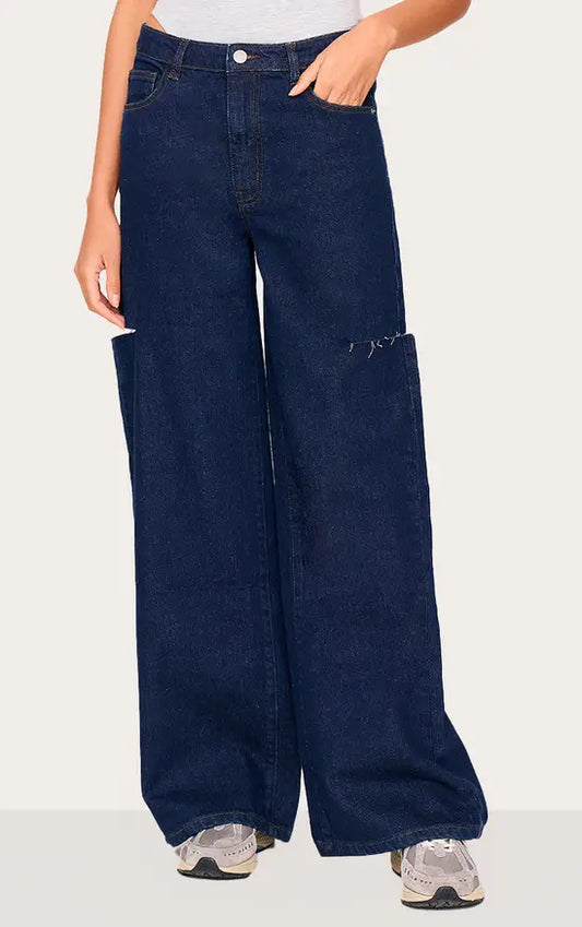 Indigo Thigh Split Wide Leg Jeans