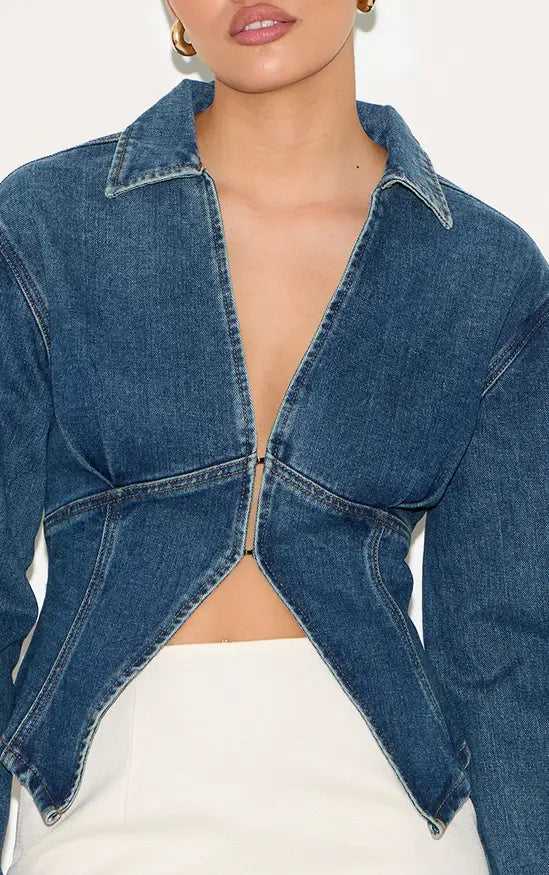 Mid Blue Wash Cinched Waist Split Hem Balloon Sleeve Shirt