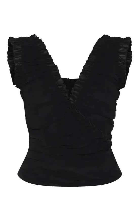 Plt - Black Chiffon Ruffle Ruched Sleeveless Top