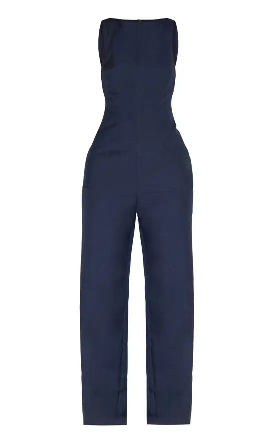 PrettyLittleThing Blue Tailored Woven Boat Neck Longline Jumpsuit