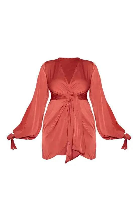 Plt - Plus Rust Plunge Neck Satin Twist Front Open Sleeve Wrap Dress