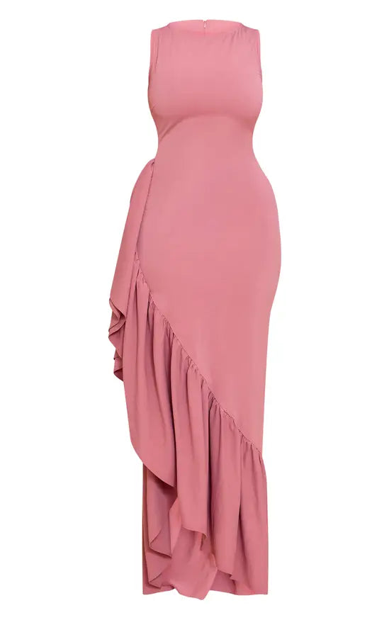 Plt - Shape Rose Stretch Woven Boat Neck Side Split Frill Maxi Dress