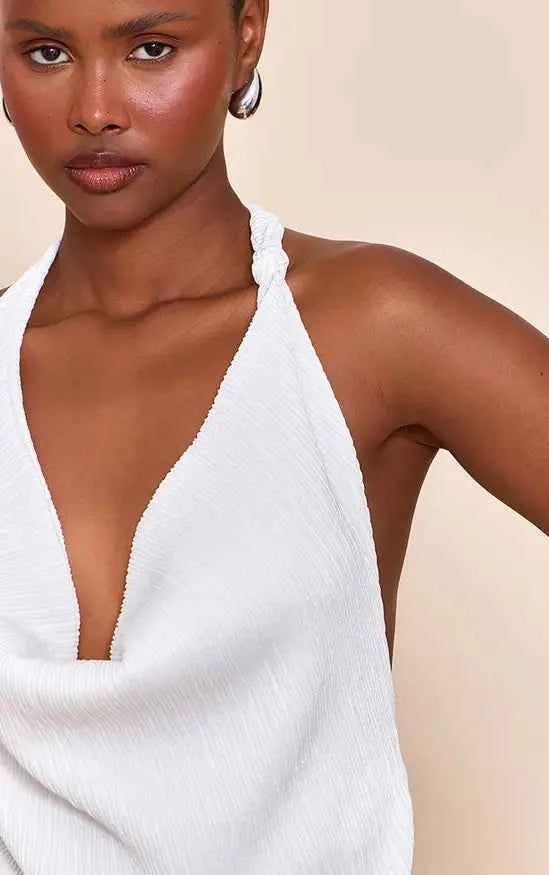Cream Textured Knot Detail Cowl Neck Top