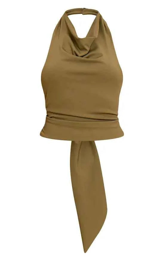 PrettyLittleThing Matte Sculpt Halterneck Gold Detail Backless Top Co-ord