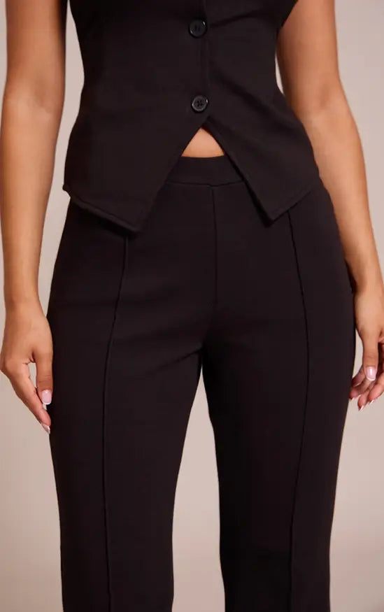 Plt - Petite Black Interlock Seam Detail Flare Trousers