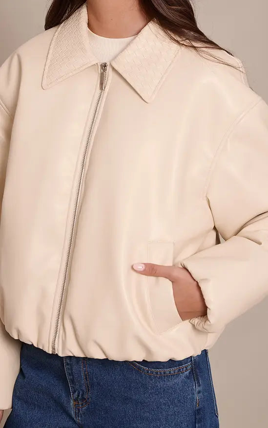 Prettylittlethung Butter Yellow Quilted Collar Faux Leather Bomber