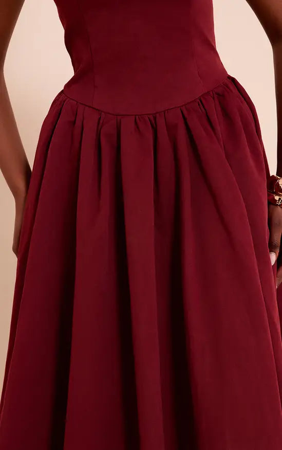 Plt - Burgundy Woven Bandeau Ruched Skater Midaxi Dress